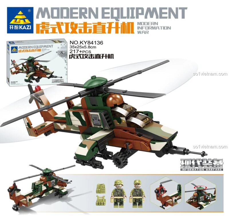 Hộp sản phẩm bộ lắp ghép trực thăng tấn công Tiger KY84136 của KAZI, có 217 chi tiết, dành cho bé 6 tuổi