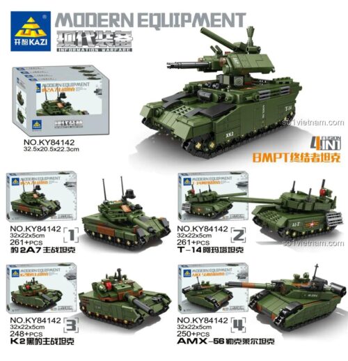Hộp sản phẩm đồ chơi mô hình KAZI KY84142 Xe Hỗ trợ Chiến đấu BMPT Terminator, lắp được 5 kiểu khác nhau, chất lượng cao.