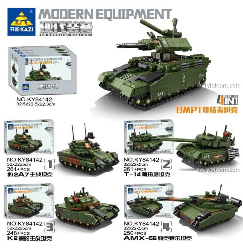 Hộp sản phẩm đồ chơi mô hình KAZI KY84142 Xe Hỗ trợ Chiến đấu BMPT Terminator, lắp được 5 kiểu khác nhau, chất lượng cao.