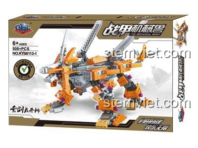 Mô hình đồ chơi lắp ráp Robot Chiến Giáp Mãnh Sư Răng Kiếm KAZI KY98113-1, một mãnh thú cơ khí màu cam và xám với các khớp nối linh hoạt.