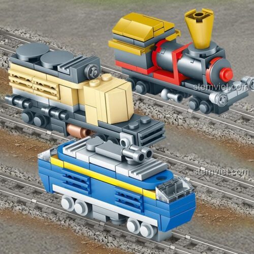 Cận cảnh 3 mẫu tàu hỏa trong bộ đồ chơi KAZI 98222, gồm tàu hơi nước, tàu diesel và tàu cao tốc mini.