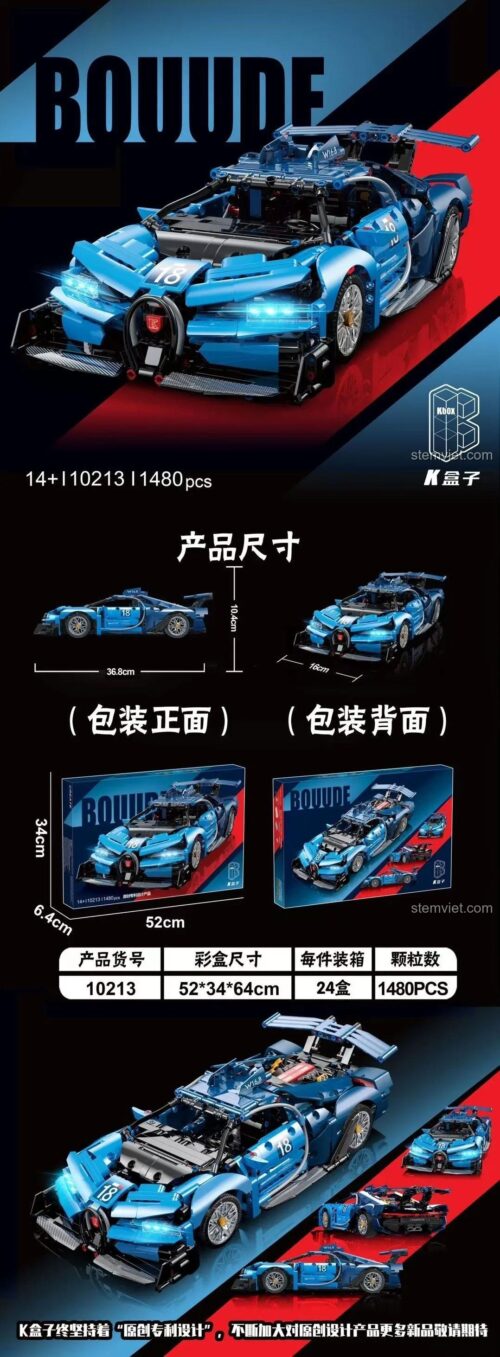 Thông số kích thước chi tiết của đồ chơi mô hình Siêu xe Bugatti Vision GT KBOX 10213, bao gồm chiều dài, rộng, cao của cả mô hình và hộp sản phẩm.