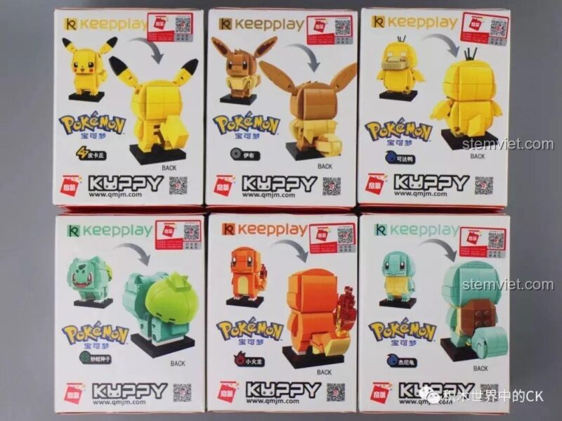 Mặt sau hộp của bộ xếp hình Pokémon Squirtle Keeppley A0106 và các mẫu khác trong series.