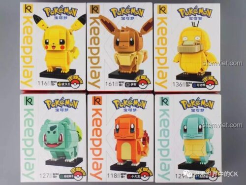 Trọn bộ 6 mô hình Pokémon Keeppley A0101-A0106, bao gồm Squirtle, Pikachu, Eevee, Psyduck, Bulbasaur, Charmander.