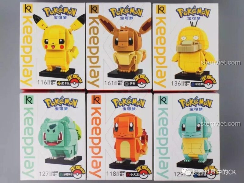 Trọn bộ 6 mô hình Pokémon Keeppley A0101-A0106, bao gồm Squirtle, Pikachu, Eevee, Psyduck, Bulbasaur, Charmander.