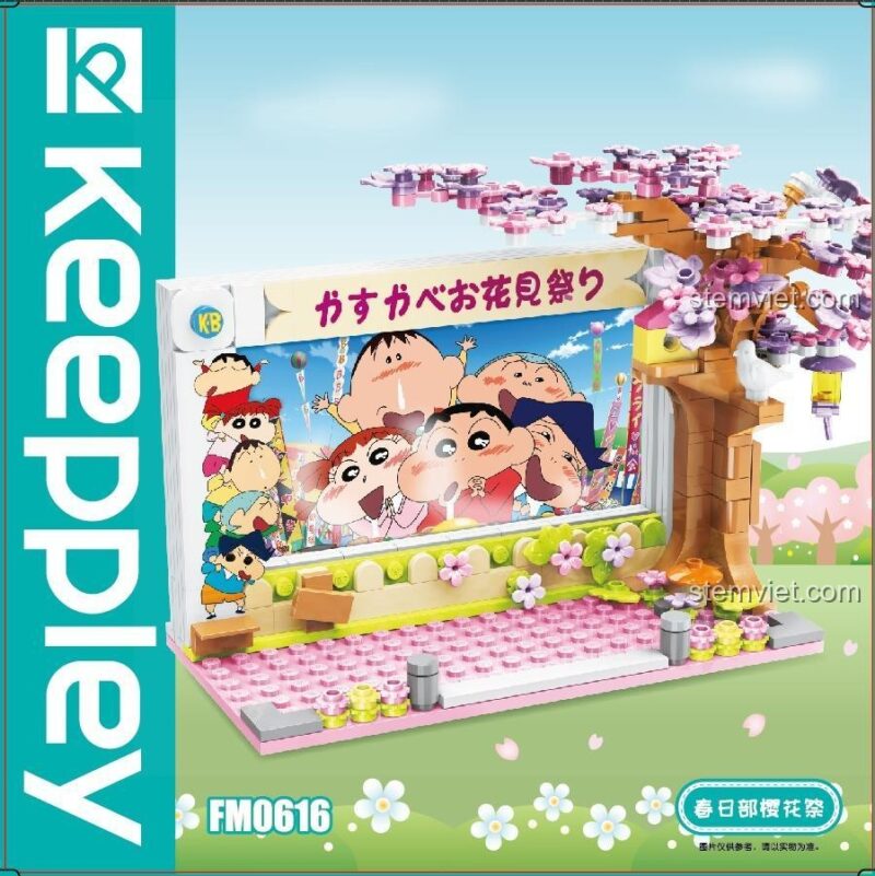 Mô hình render bộ xếp hình FM0616 với logo Keeppley, đồ chơi lắp ráp Crayon Shin-chan, thiết kế đẹp mắt, chất lượng đảm bảo