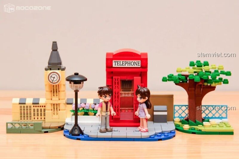 Minifigure Kudo Shinichi và Mouri Ran trong bộ xếp hình K20705, thể hiện tư thế đứng, cho bé 8 tuổi.