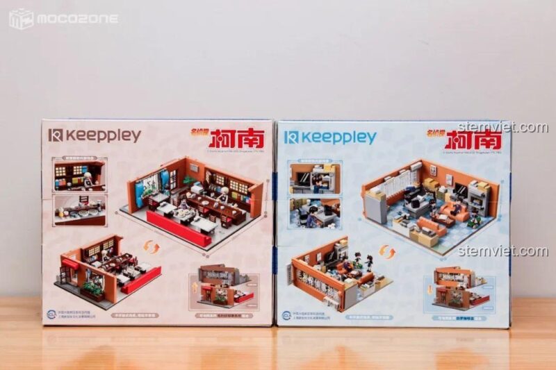 Mặt sau hộp bộ đồ chơi Keeppley K20709 và K20710, đồ chơi mô hình Văn phòng Thám tử Mori, hướng dẫn lắp ghép