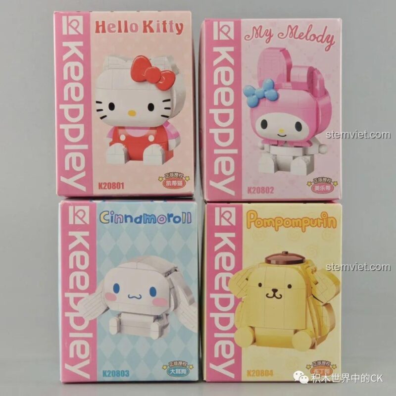 Bộ sưu tập 4 mẫu Sanrio của Keeppley, bao gồm bộ xếp hình Hello Kitty K20801, My Melody, Cinnamoroll và Pompompurin.