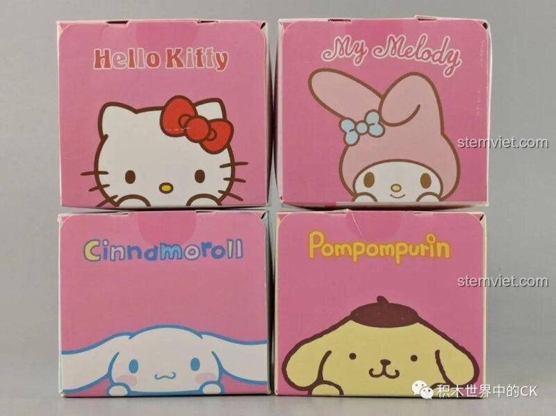 Mặt trên của các hộp trong bộ sưu tập Sanrio, với thiết kế màu hồng chủ đạo, phù hợp làm quà cho bé gái.