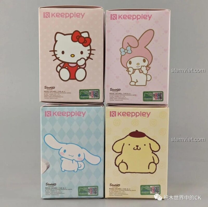 Mặt sau hộp của bộ sưu tập Keeppley Sanrio, thể hiện hình ảnh nhân vật Pompom Purin.