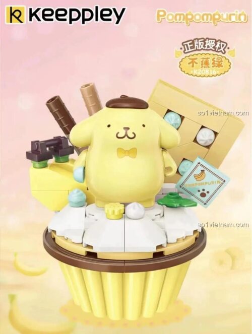 Hộp sản phẩm bộ lắp ghép Keeppley K20816 với hình ảnh Pompompurin trên bánh cupcake, đồ chơi Pompompurin dễ thương cho bé gái 6 tuổi