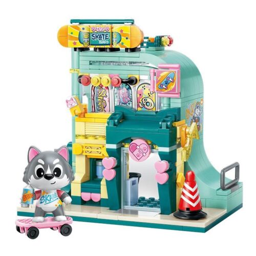 Bộ lắp ghép Cửa hàng ván trượt chó Husky tinh nghịch Keeppley K28009, mô hình cửa hàng màu xanh dương và vàng, có chú chó Husky dễ thương đang trượt ván, phù hợp cho bé gái 6 tuổi, giá tốt.