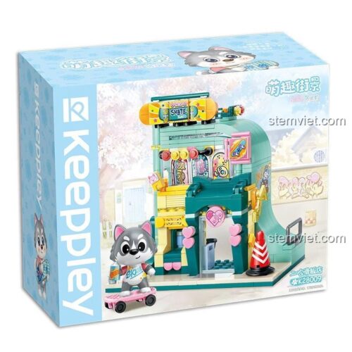 Hộp sản phẩm bộ lắp ghép Keeppley K28009 Cửa hàng ván trượt chó Husky tinh nghịch, hiển thị hình ảnh mô hình hoàn chỉnh, đồ chơi cho bé gái 6 tuổi.