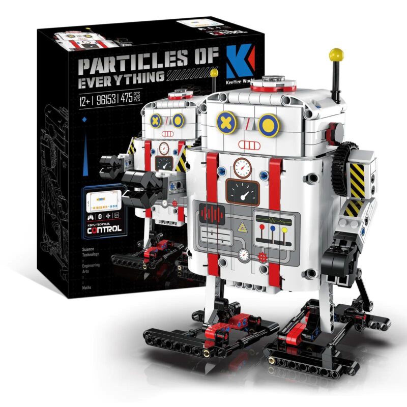 Hình ảnh hộp và mô hình hoàn thiện của bộ lắp ráp Robot Tiểu Bạch. Đây là đồ chơi STEM 96153 giá rẻ, phù hợp cho con trai 12 tuổi.