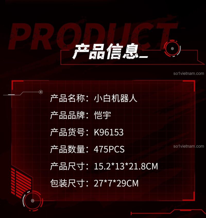 Hình ảnh thể hiện kích thước chi tiết của đồ chơi mô hình Robot lập trình được sau khi lắp ráp: cao 21.8cm, dài 15.2cm, rộng 13cm.