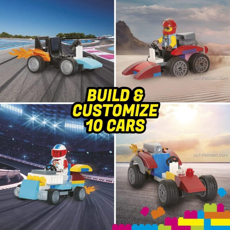 Bốn mẫu xe đua độc đáo từ bộ đồ chơi giáo dục Bộ Xe Đua STEM Klutz ISBN9781338802061, thể hiện khả năng xây dựng 10 xe đua cho bé trai 7 tuổi.