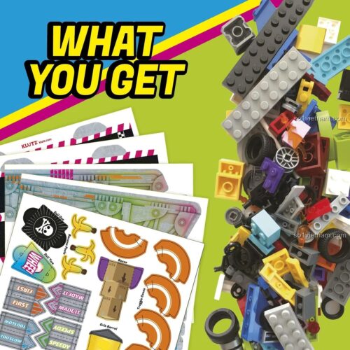 Các mảnh ghép Klutz ISBN9781338802061 và sticker trang trí, đồ chơi mô hình Xe Đua Klutz LEGO® giúp bé trai 7 tuổi sáng tạo không giới hạn.