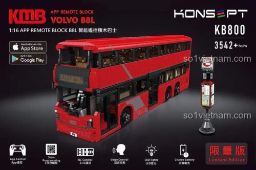 đồ chơi mô hình Konsopt KB800, bộ xếp hình Xe Buýt Hai Tầng Volvo B8L có đèn LED, điều khiển từ xa