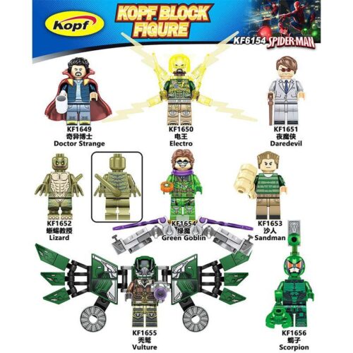 Bộ đồ chơi Minifigure Người Nhện Kopf KF1651, bộ 8 minifigure siêu anh hùng Marvel, đồ chơi lắp ráp giá rẻ cho bé trai 6 tuổi, nhân vật Người Nhện đa dạng.