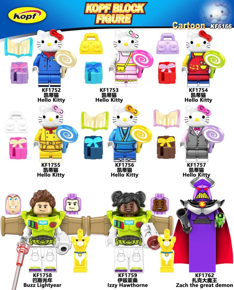 Bộ đồ chơi Minifigures Hello Kitty Kopf KF1756 giá tốt cho bé trai, bé gái 6 tuổi, mô tả các minifigures hoạt hình nổi tiếng.