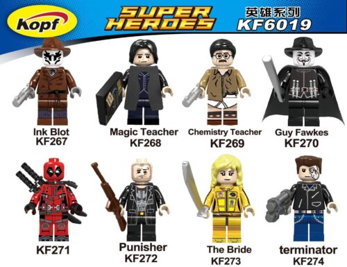 Bộ 8 minifigure siêu anh hùng Kopf KF6019, đồ chơi lắp ghép nhân vật anh hùng, set đồ chơi Deadpool, Punisher, The Bride, Terminator, Guy Fawkes, Ink Blot, Magic Teacher, Chemistry Teacher, phù hợp bé trai 9-12 tuổi, giá tốt.