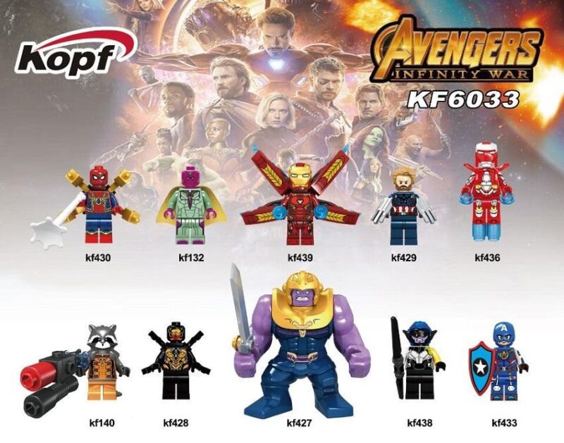 Bộ đồ chơi Minifigure Iron Spider Kopf KF6033 giá rẻ cho bé trai 6 tuổi. Trọn bộ 10 nhân vật Avengers Infinity War, bao gồm cả Bigfig Thanos.