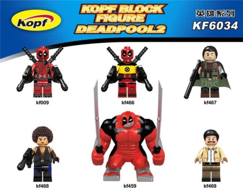 Bộ 6 minifigure Deadpool 2 Kopf KF6034 giá rẻ, bao gồm các nhân vật Deadpool, Cable, Domino, Juggernaut. Đồ chơi sưu tầm cho con trai 14 tuổi.