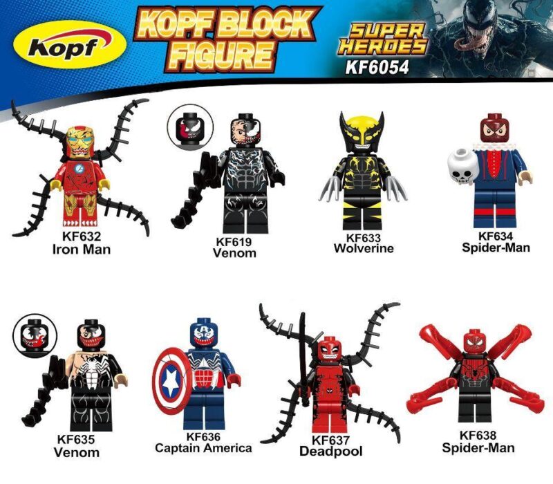 Bộ đồ chơi Minifigure Marvel Kopf KF6054 gồm 8 nhân vật siêu anh hùng phiên bản Symbiote độc đáo, giá rẻ cho bé trai 6 tuổi.