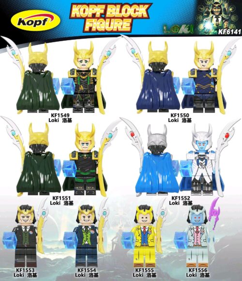 Poster chính thức của bộ sưu tập minifigure Loki Kopf KF6141, hiển thị 8 biến thể Loki khác nhau. Một món đồ chơi mô hình Thần Lừa Lọc Loki giá rẻ cho bé trai trên 6 tuổi.