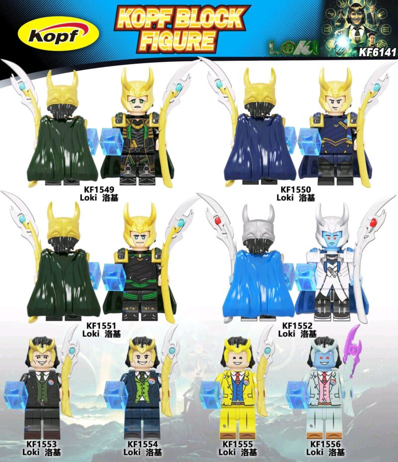 Poster chính thức của bộ sưu tập minifigure Loki Kopf KF6141, hiển thị 8 biến thể Loki khác nhau. Một món đồ chơi mô hình Thần Lừa Lọc Loki giá rẻ cho bé trai trên 6 tuổi.