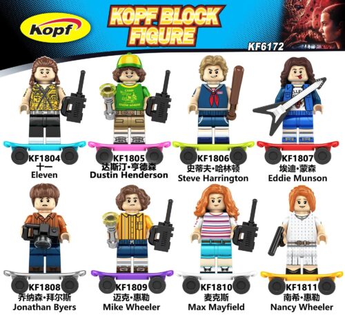 Bộ minifigure Stranger Things KF6172 với 8 nhân vật độc đáo, bao gồm Eleven, Dustin Henderson, Steve Harrington, Eddie Munson, Jonathan Byers, Mike Wheeler, Max Mayfield, Nancy Wheeler. Sản phẩm của Kopf, thích hợp cho người chơi từ 14 tuổi trở lên.