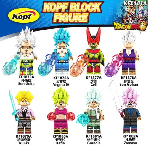 Bộ đồ chơi Minifigure Dragon Ball Super Kopf KF6181A với 8 nhân vật huyền thoại Songoku, Vegeta, Cell, Son Gohan, Trunks, Kefla, Granola, Zamasu. Đồ chơi lắp ghép chất lượng cao, giá tốt cho bé trai 6 tuổi.