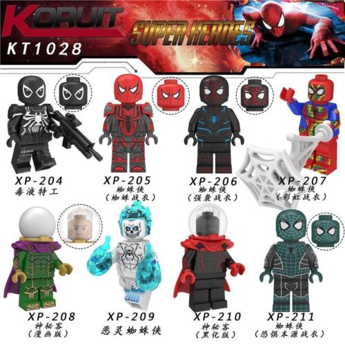 Bộ 8 Minifigure Người Nhện KORUIT KT1028 đa dạng trang phục, đồ chơi lắp ghép siêu anh hùng cho bé trai 6 tuổi, giá tốt.