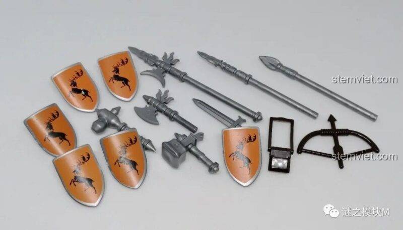 Toàn bộ vũ khí và khiên trong bộ sưu tập minifigure Gia tộc Baratheon Koruit.
