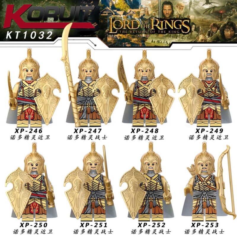 Ảnh bìa bộ minifigure Binh lính tộc Tiên Noldor KORUIT KT1032 chủ đề Chúa Tể Của Những Chiếc Nhẫn, gồm 8 chiến binh Elven với giáp và vũ khí vàng óng.