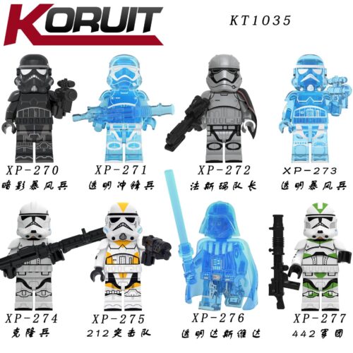 Bộ 8 Minifigure Star Wars KORUIT KT1035 chất lượng cao, bao gồm các nhân vật Lính Stormtrooper, Captain Phasma và Darth Vader, phù hợp cho bé trai 8 tuổi yêu thích đồ chơi lắp ghép giá rẻ.