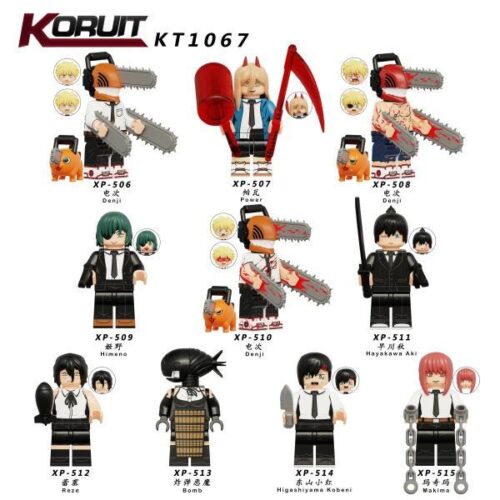Toàn bộ set minifigure KORUIT KT1067 Chainsaw Man, bao gồm nhân vật Makima XP-515 và các nhân vật khác như Denji, Power. Đồ chơi mô hình giá rẻ cho fan anime 16+.