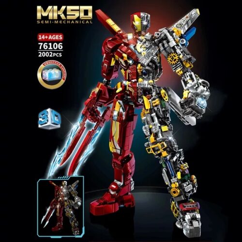 Hộp sản phẩm bộ lắp ghép LEDUO 76106 Robot Iron Man MK50, thiết kế bán cơ khí độc đáo với 2002 mảnh ghép, phù hợp cho con trai 14 tuổi.