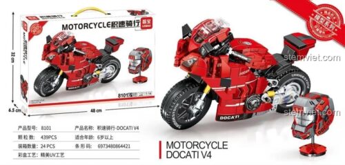 Hình ảnh vỏ hộp của bộ lắp ráp Siêu mô tô Ducati Panigale V4 Leibao 8101, hiển thị kích thước hộp và sản phẩm.