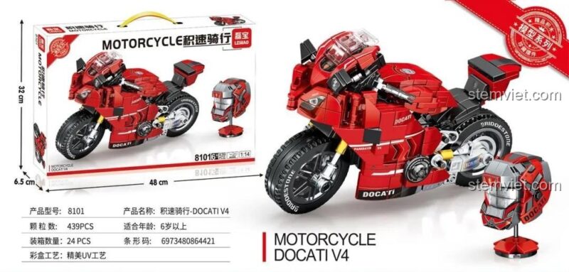 Hình ảnh vỏ hộp của bộ lắp ráp Siêu mô tô Ducati Panigale V4 Leibao 8101, hiển thị kích thước hộp và sản phẩm.