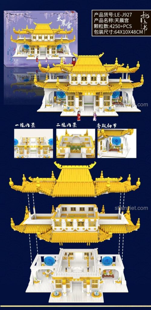 Hộp và chi tiết nội thất của đồ chơi mô hình Leier LE-J927 Thiên Thần Cung trong Chẩm Thượng Thư.