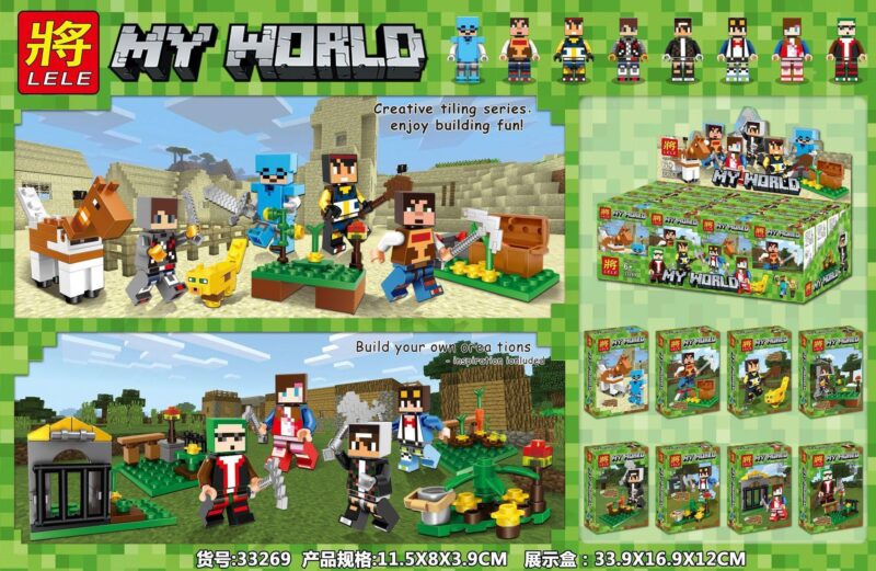 Bộ đồ chơi Thế giới Minecraft LELE 33269 cho bé trai 6 tuổi, mô tả tổng quan các cảnh quan và nhân vật Minecraft, thể hiện kích thước hộp sản phẩm, giá tốt.