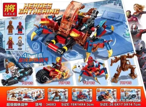 Bộ lắp ráp Chiến Giáp Nhện LELE 34083-3, đồ chơi mô hình Robot Nhện cho bé trai 6 tuổi, giá tốt, có 4 minifigures siêu anh hùng, lắp ráp 4 kiểu và hợp thể thành robot khổng lồ.
