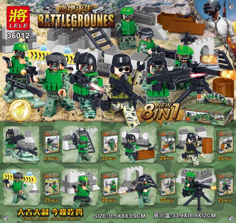 Bộ đồ chơi Minifigure PUBG LELE 36012: Chiến trường sinh tồn với 8 kiểu lắp ráp độc đáo, 206 mảnh ghép, phụ kiện vũ khí chân thực, phù hợp cho bé trai 6 tuổi, giá tốt.