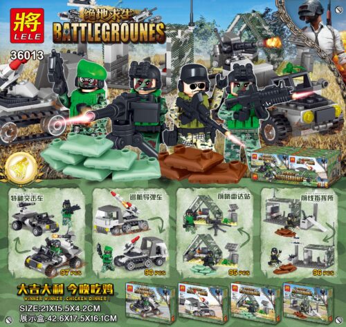 Bộ đồ chơi LELE 36013 PUBG: 4 Cảnh Chiến Trường Mini, 378 mảnh ghép, mô tả chi tiết hộp sản phẩm và 4 mô hình quân sự, phù hợp bé trai 6+ tuổi, giá tốt.