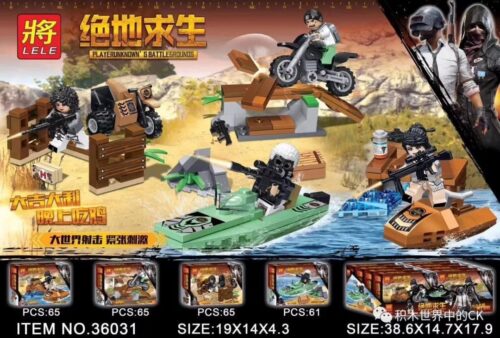 Bộ lắp ghép Xe cộ PUBG LELE 36031 giá tốt cho bé trai 6 tuổi, mô tả cảnh chiến trường sinh tồn với xe máy, thuyền và lính.