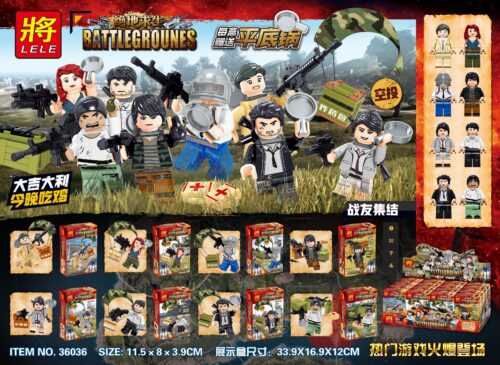 Bộ 8 minifigures LELE 36036 chủ đề game sinh tồn PUBG Battlegrounds, đồ chơi lắp ráp giá rẻ cho bé trai 6 tuổi. Mỗi nhân vật đi kèm vũ khí và chảo.