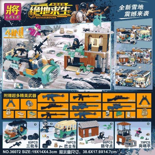 Bộ lắp ghép LELE 36072-4 PUBG Tuyết Chiến 4 Trong 1, đồ chơi lắp ráp Chiến trường PUBG cho bé trai 6 tuổi, giá tốt, nhiều vũ khí đi kèm.