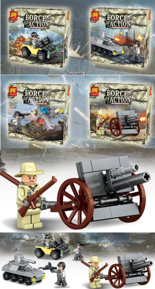 Bộ lắp ráp lính chiến trường LELE 79188 Force of Action tổng hợp 4 kiểu mô hình quân sự, kèm 4 minifigure lính, đồ chơi lắp ghép giá tốt cho bé trai 7 tuổi.